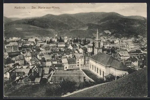 AK Ste. Marie-aux-Mines, Vue sur l`église et les montagnes environnantes