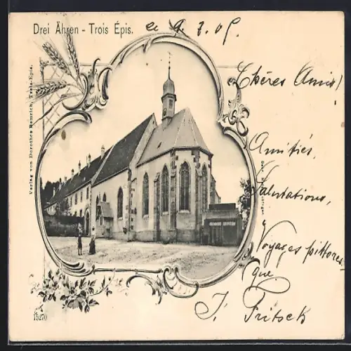 AK Trois-Épis, Vue de l`église avec ornements floraux et épis de blé