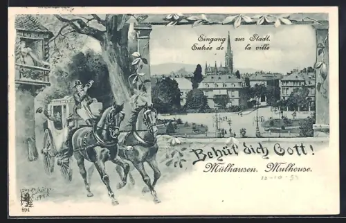 AK Mulhouse, Entrée de la ville avec calèche et vue panoramique