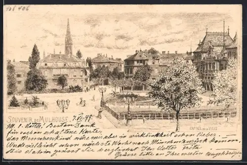 Künstler-AK Mulhouse, Entrée de la ville avec parc et bâtiments historiques
