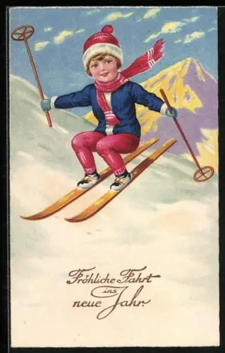 AK Fröhliche Fahrt ins neue Jahr, kleine Skiläuferin