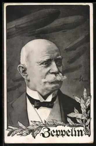 Künstler-AK Portrait von Graf Zeppelin im Frack und Lorbeerzweig