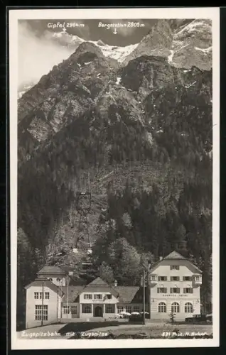 AK Zugspitzbahn mit Zugspitz-Hotel, Gipfel und Bergstation