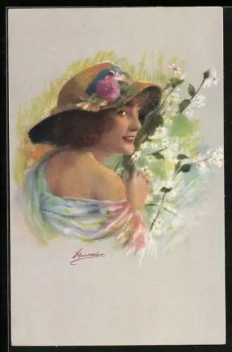 Künstler-AK Schöne Frau mit Sommerhut pflückt Blumen