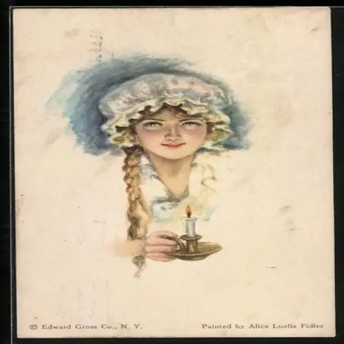 Künstler-AK Alice Luella Fidler: Junge Dame mit Haube und Kerze