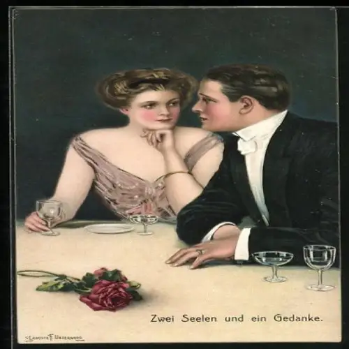 Künstler-AK Clarence F. Underwood: Zwei Seelen und ein Gedanke, Liebespaar sitzt verträumt am Tisch