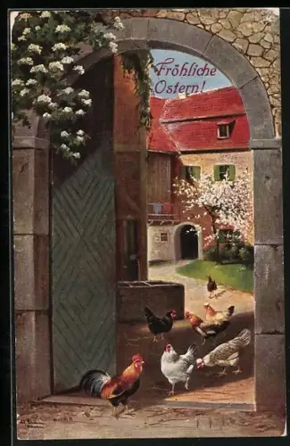 Künstler-AK Alfred Schönian: Schönian: Hühnerschar in einem Burghof