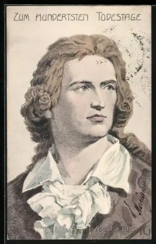 Künstler-AK Porträt Schiller in junge Jahren, Erinnerung zum 100. Todestag des Schriftstellers