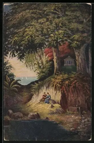 Künstler-AK G. Fiebiger: Märchentraum, Frauen an einem See