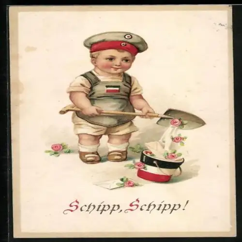 Lithographie Schipp, Schipp, Kleiner Soldat mit Schaufel, Kinder Kriegspropaganda
