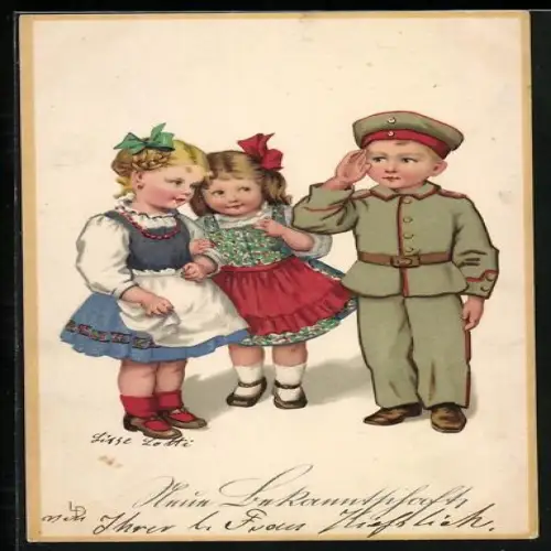 Künstler-AK Lia Döring: Meine Bekanntschaft, Mädchen bewundern Jungen in Uniform