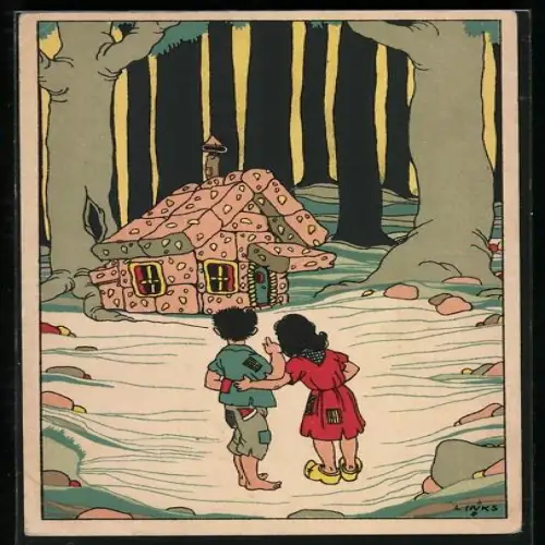 Künstler-AK Karel L.Links: Hänsel und Gretel schauen zum Hexenhaus