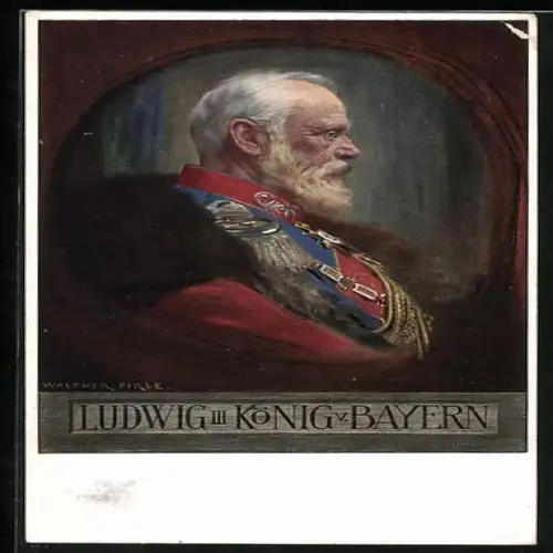 AK König Ludwig III. von Bayern in Uniform mit Orden, Epauletten und Pelzmantel, Profilbild