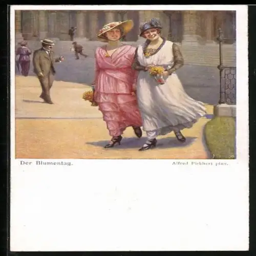 Künstler-AK sign. Alfred Pickhert: Zwei Frauen am Blumentag auf der Strasse