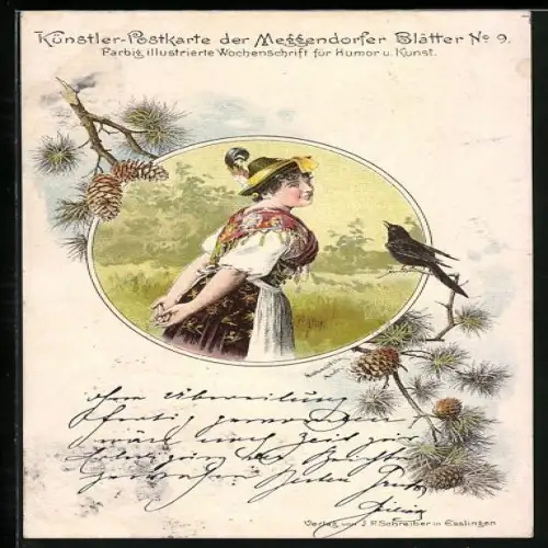 Künstler-AK Meggendorfer Blätter Nr.9: Mädchen in Tracht mit Amsel