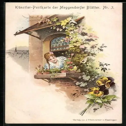 Künstler-AK Meggendorfer Blätter Nr. 3: Schönes Mädchen schaut aus dem Fenster
