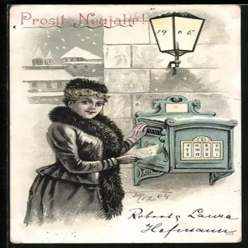 AK Prosit Neujahr!, Dame mit Pelzstola am Briefkasten