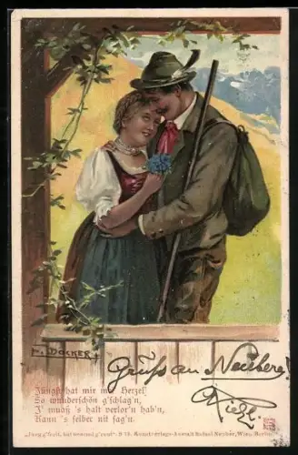 Künstler-AK E. Döcker: Wanderer umarmt eine Dienstmagd