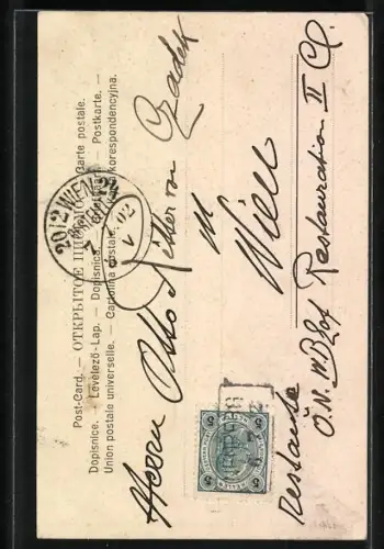 Künstler-AK E. Döcker: Wanderer umarmt eine Dienstmagd