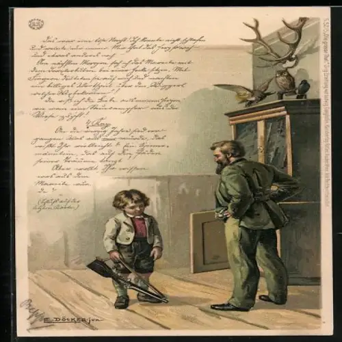 Künstler-Lithographie E. Döcker: Die grosse That, Ganghofer, Knabe mit schlechtem Gewissen