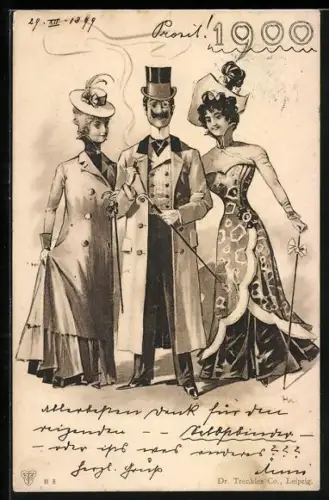 AK Mode anno 1900, Feiner Herr mit zwei schönen Damen