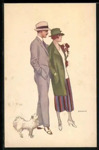 Künstler-AK Bianchi: Pärchen mit zwei Hunden bei einem Spaziergang