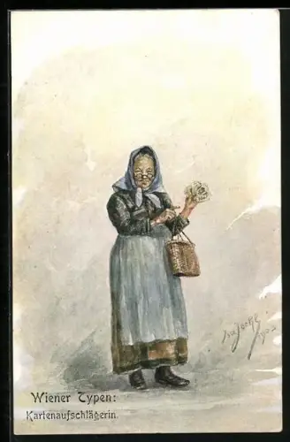 Künstler-AK Wien, Kartenaufschlägerin, Hellseher