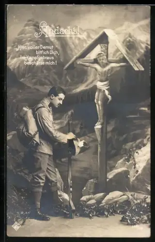 AK ein österreichischer Soldat mit Gewehr hält Andacht am Flurkreuz, Propaganda