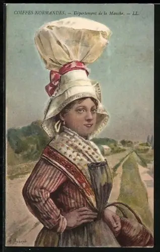 Künstler-AK Coiffes Normandes - Manche, Mädchen aus der Normandie in Tracht