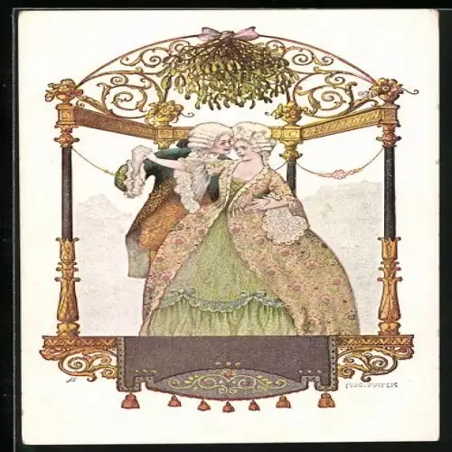 Künstler-AK sign.: August Patek, elegantes Paar küsst sich unter dem Mistelzweig
