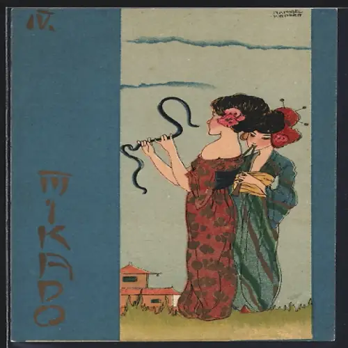 Künstler-Lithographie Raphael Kirchner unsign: Geisha, Maid mit Schlange und Flötespielerin