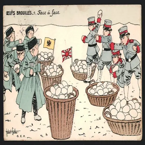 Künstler-AK sign. Robert Salles: Russisch-Japanischer Krieg, Russen und Japaner bewerfen sich mit Eiern