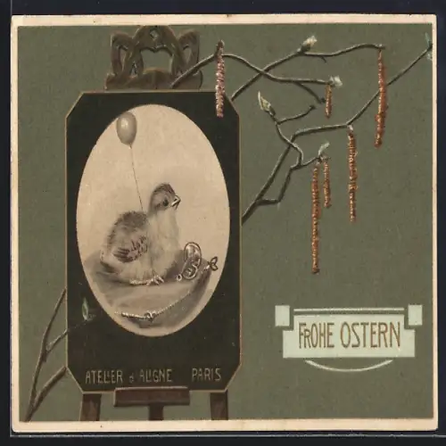 Lithographie Osterküken auf der Staffelei, Frohe Ostern