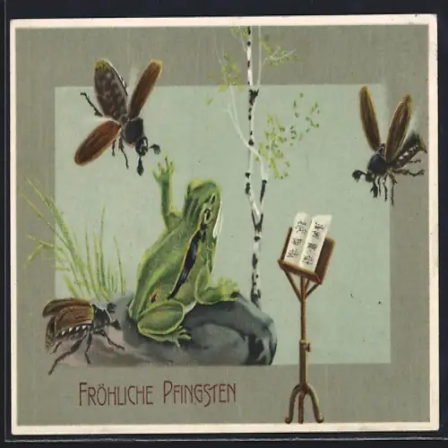 Präge-AK Frosch und Maikäfer mit einem Notenständer, Fröhliche Pfingsten
