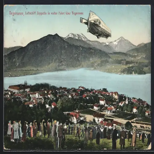 AK Tegernsee, Luftschiff Zeppelin in voller Fahrt über den Ort