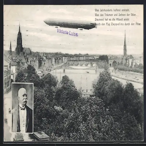 AK Frankfurt a. Main, Luftschiff Zeppelin im Flug, Portrait Graf v. Zeppelin
