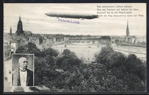 AK Frankfurt a. Main, Luftschiff Zeppelin im Flug, Portrait Graf v. Zeppelin