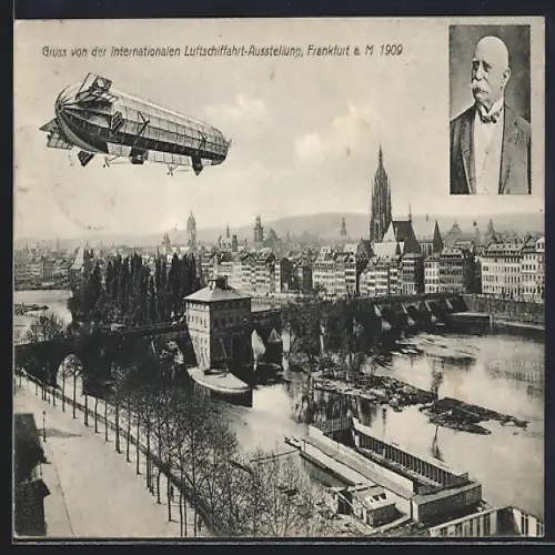 AK Frankfurt a. M., Internationale Luftschiffahrt-Ausstellung 1909, Teilansicht mit Zeppelin und Portrait