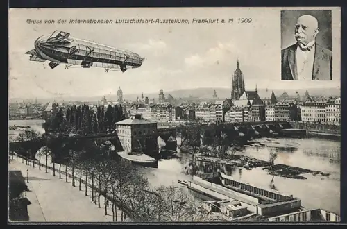 AK Frankfurt a. M., Internationale Luftschiffahrt-Ausstellung 1909, Teilansicht mit Zeppelin und Portrait