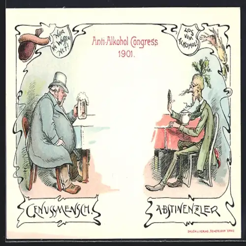 Lithographie Graz, Anti-Alkohol Congress 1901, Genussmensch - Abstinenzler, Rübenkopf