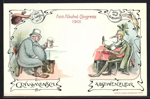 Lithographie Graz, Anti-Alkohol Congress 1901, Genussmensch - Abstinenzler, Rübenkopf