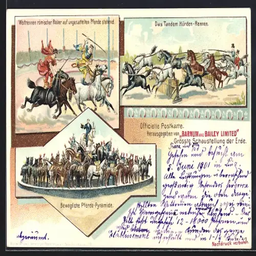Lithographie Barnum and Bailey Limited-Zirkus, verschiedene Akteure auf Pferden