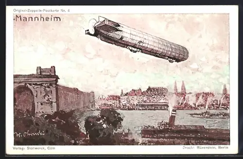 AK Mannheim, Zeppelin über der Stadtmit Dampfer, Kakao