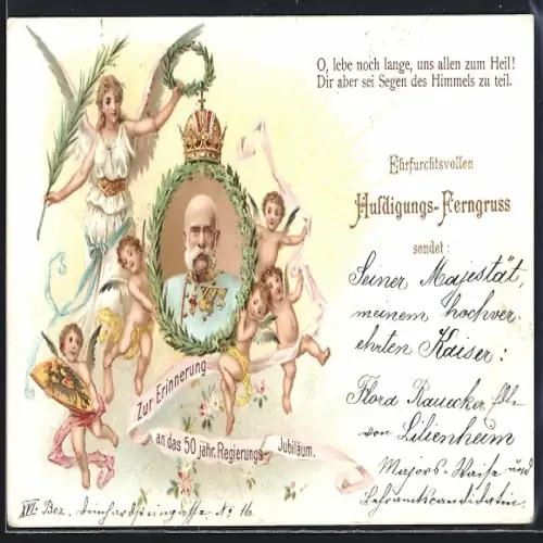 Lithographie Engel mit Portrait von Kaiser Franz Josef I. von Österreich, 50 jähriges Regierungs-Jubiläum 1898