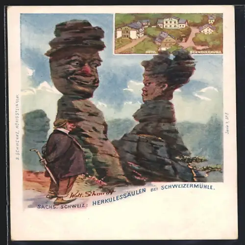 Künstler-AK Schwenke Ser. 4 Nr. 5: Schweizermühle, Hotel Schweizermühle, Herkulessäulen, Berg mit Gesicht / Berggesichte