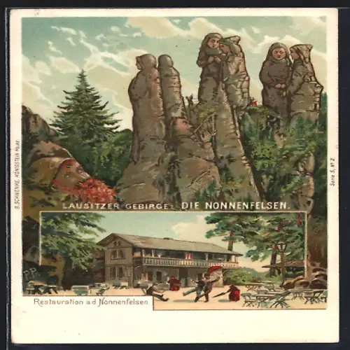 Lithographie Kurort Jonsdorf, vermenschlichte Berge, Die Nonnenfelsen, Restauration, Berggesichter