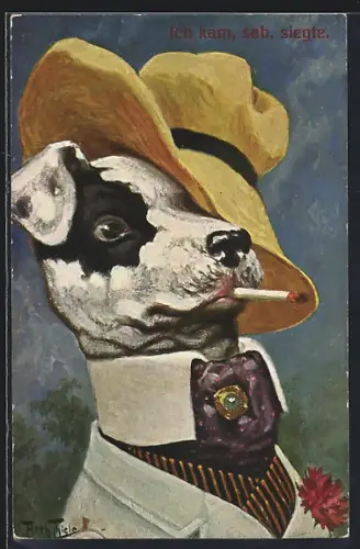 Künstler-AK Arthur Thiele: Hund im Anzug mit Hut und Zigarette, Ich kam, sah, siegte