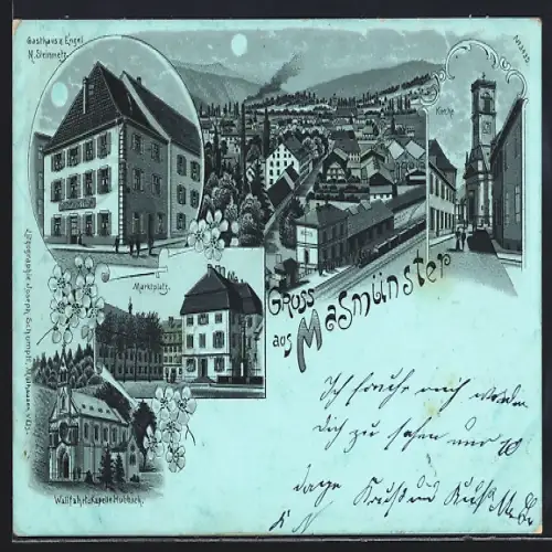 Mondschein-Lithographie Masmünster, Gasthaus z. Engel, Marktplatz, Kirche