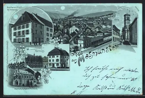 Mondschein-Lithographie Masmünster, Gasthaus z. Engel, Marktplatz, Kirche