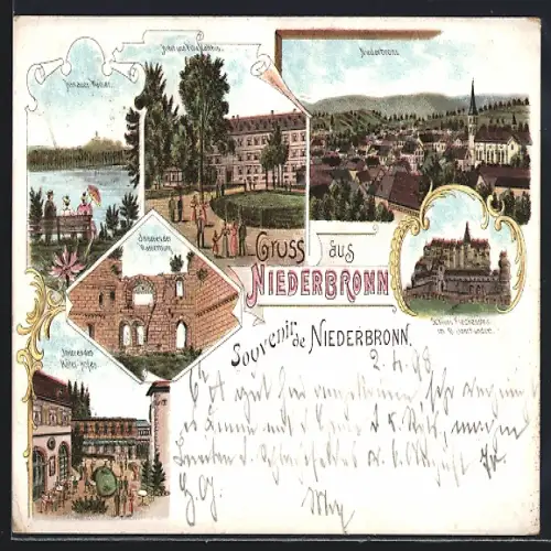 Lithographie Niederbronn, Hotel und Villa Matthis, Inneres der Wasserburg, Hanauer Weiher